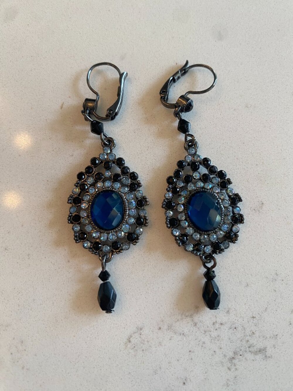 Avon Bleu Minuit Blue Rhinestone Dangle Earrings Vintage Boxed NIB Gunmetal